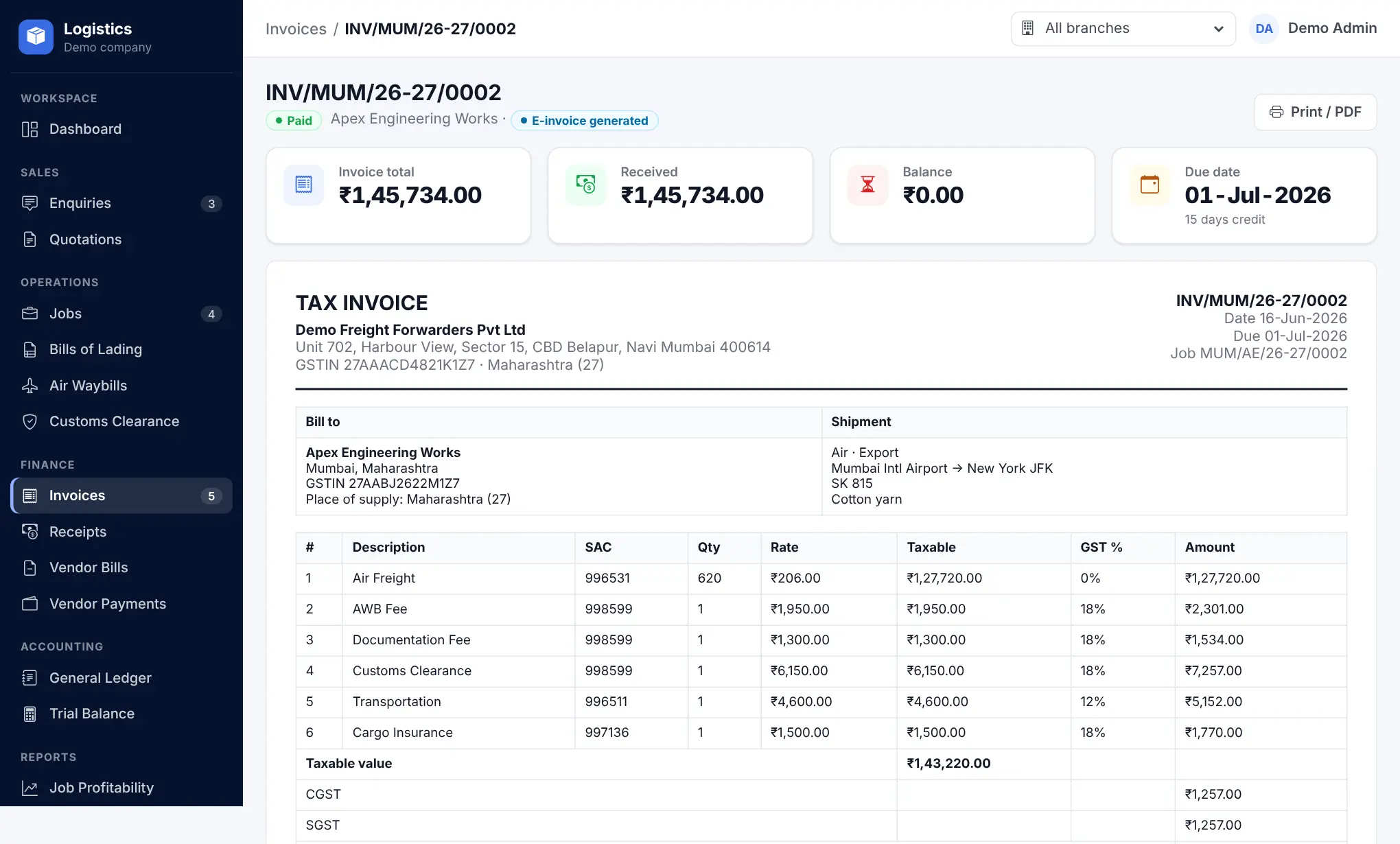 Tax invoice with charges, SAC codes, GST split and receipts